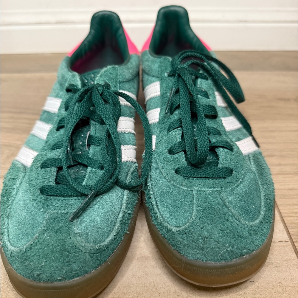Green Suede Adidas Gazelle Sneakers with White Stripes and Pink Details